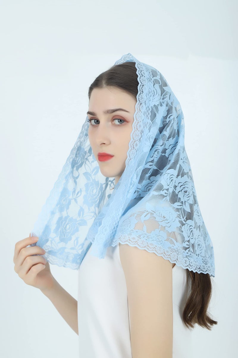Grettytling Lace Mantilla Veil Soft and comfortable 7 Colors Spanish Style Rose Lace Veil Head Covering D Shape (Blue) - Image 5